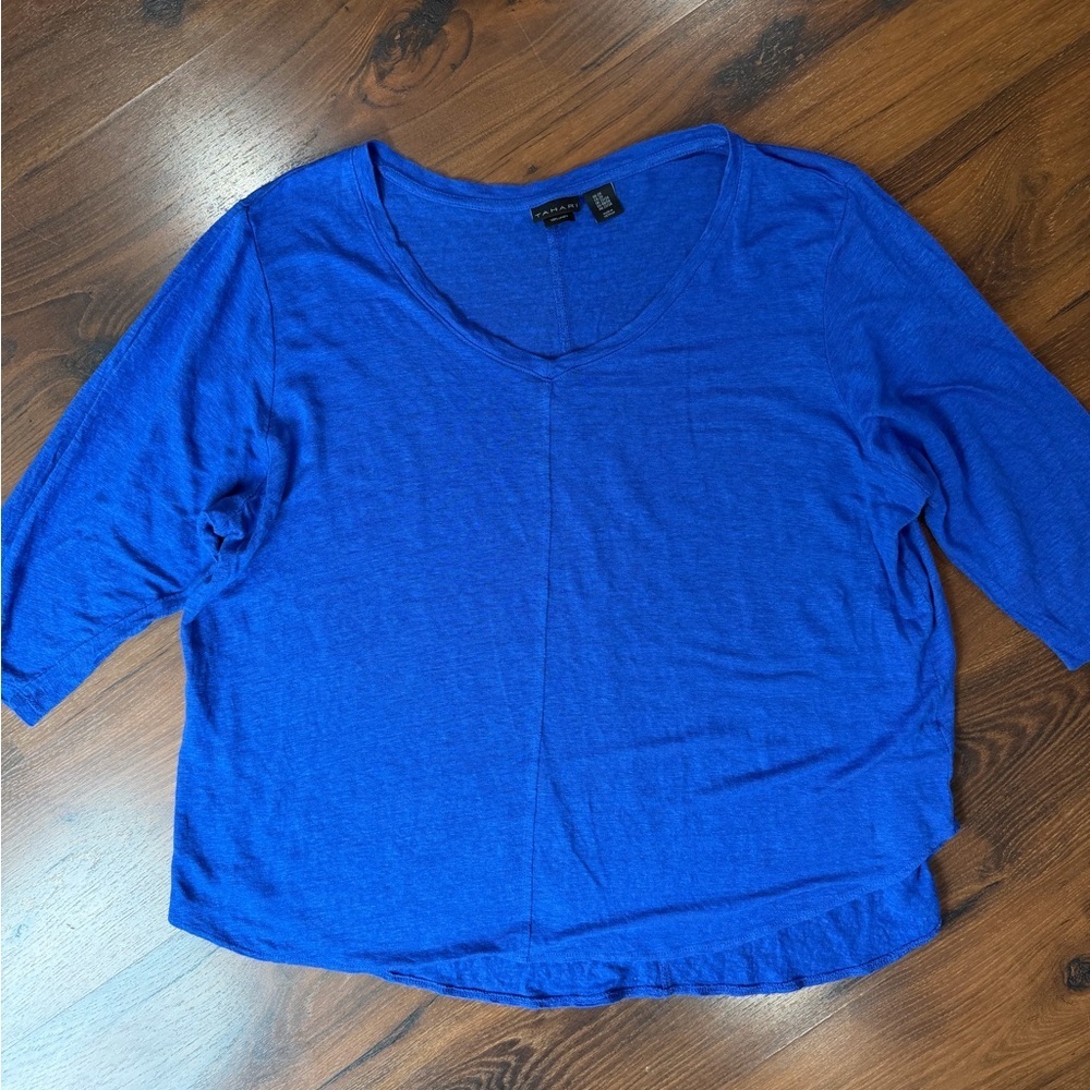 TAHARI 100% Linen Slub Knit V-neck Tee Sz 2X Deep Royal Blue 3/4 sleeves